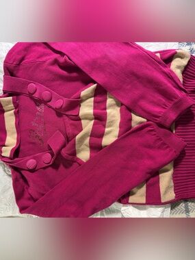 Girls' Fuchsia Knit Cardigan with Cream Stripes